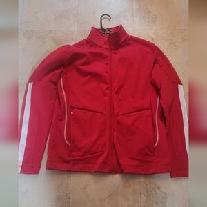 Solid Red Zip Up Jacket With Some White Striping Mens Fit